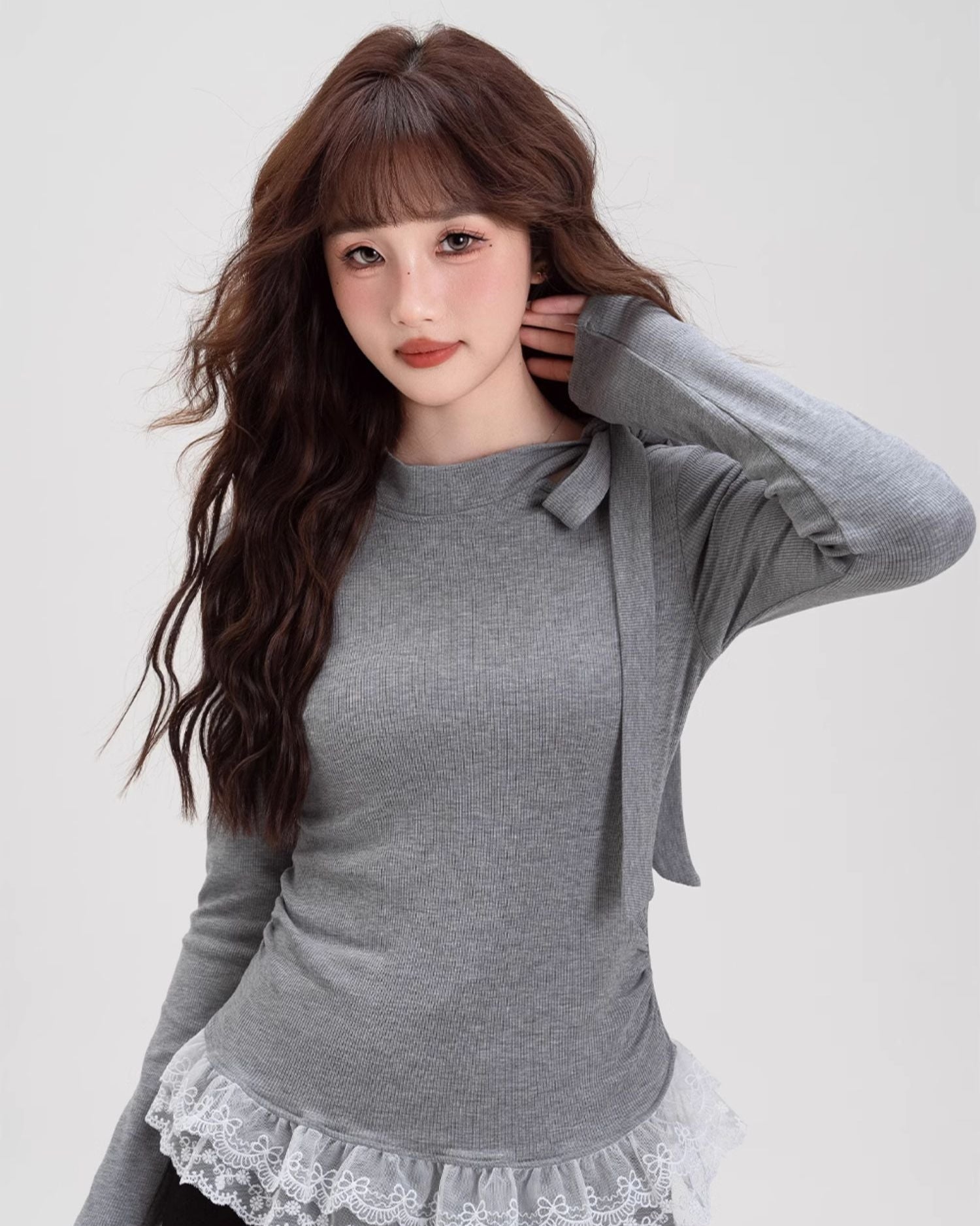 レースヘムボウタイロングスリーブTシャツ H0015